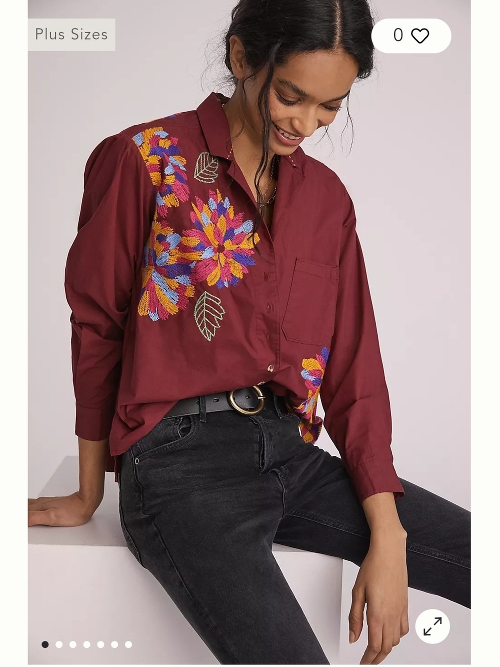 Maeve Anthropologie Burgundy Button-Down with Multicolor Floral Embroidery